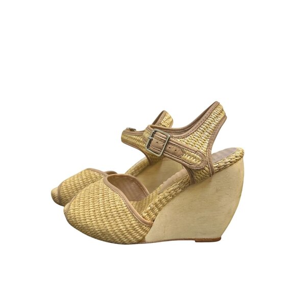 Loeffler Randall Woven Straw & Leather Peep-Toe Valentine Wedge Heels 8.5 - Picture 4 of 9